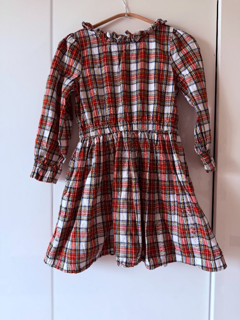 🎄Holiday - Girls Red Tartan Plaid Holiday Dress Long Sleeve Ruffle Collar